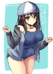Rule 34 | 10s, 1girl, blue background, blue hat, blue jacket, blue one-piece swimsuit, breasts, brown eyes, brown hair, closed mouth, covered navel, cowboy shot, girls und panzer, hat, jacket, keizoku military uniform, large breasts, long hair, looking at viewer, mika (girls und panzer), military, military uniform, no pants, one-piece swimsuit, open clothes, open jacket, outside border, raglan sleeves, school swimsuit, shinshin, smile, solo, standing, swimsuit, track jacket, twitter username, uniform