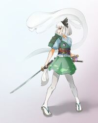 Rule 34 | 1girl, adapted costume, armor, black hairband, closed mouth, commentary request, full body, ghost, green eyes, grey background, grey hair, hairband, highres, japanese armor, japanese clothes, katana, kimono, konpaku youmu, konpaku youmu (ghost), kote, looking to the side, multiple swords, pantyhose, sash, sefushi, short hair, short sleeves, single strap, solo, standing, sword, touhou, weapon, white pantyhose