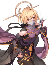 Rule 34 | 1girl, black gloves, blonde hair, bracelet, brown eyes, brown thighhighs, closed mouth, detached sleeves, djeeta (granblue fantasy), dress, elbow gloves, gloves, granblue fantasy, halo, hand up, jewelry, looking to the side, mouth veil, ofuda, onmyoji (granblue fantasy), purple dress, sash, see-through veil, short hair, shoulder pads, simple background, solo, thighhighs, veil, white background, zundakun0123