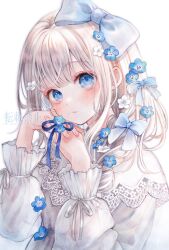 Rule 34 | 1girl, artist name, blue bow, blue eyes, blue flower, blue ribbon, blush, bow, closed mouth, dot nose, double-parted bangs, finger ribbon, flower, flower ring, frilled sleeves, frills, ginniroya, hair bow, hair flower, hair ornament, hand rest, hands up, highres, interlocked fingers, lace trim, large bow, long hair, long sleeves, looking at viewer, low-braided long hair, low-tied long hair, open hands, original, own hands together, ponytail, ribbon, ribbon-trimmed cuffs, shirt, side ponytail, simple background, solo, three quarter view, unkempt, upper body, watercolor effect, white background, white flower, white shirt, wispy bangs