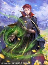Rule 34 | 1boy, book, cape, casting spell, castle, cloud, cloudy sky, fire emblem, fire emblem awakening, fire emblem cipher, full body, glasses, gloves, hat, unworn hat, unworn headwear, laurent (fire emblem), nintendo, official art, outdoors, petals, red hair, sky, solo, tsutsui misa, witch hat, wizard