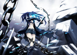 Rule 34 | 10s, 1girl, absurdres, belt, bikini, bikini top only, black hair, black rock shooter, black rock shooter (character), blue eyes, blue fire, chaigidhiell, chain, checkered floor, female focus, fire, floor, gradient background, highres, navel, scar, shorts, solo, stitches, swimsuit, sword, twintails, weapon, white background