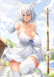 Rule 34 | 1girl, :3, animal ear fluff, animal ears, armpits, bare shoulders, blue ribbon, blue sky, blush, bouncing breasts, breasts, bus stop, cat ears, cat girl, cat tail, cleavage, cloud, cloudy sky, covered erect nipples, curvy, dark-skinned female, dark skin, demekyon, dress, elbow gloves, fang, gloves, hair between eyes, heavy breathing, huge breasts, looking at viewer, medium hair, mountain, no bra, open mouth, original, outdoors, red eyes, ribbon, road sign, running, shiny skin, sidelocks, sign, sky, sleeveless, sleeveless dress, smile, solo, spaghetti strap, sundress, sweat, tail, tan, tanline, thick thighs, thighhighs, thighs, utility pole, white dress, white gloves, white hair, white thighhighs, wide hips