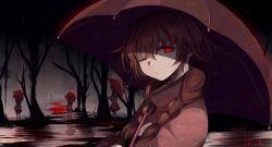 Rule 34 | 4girls, artist name, blood, braid, brown hair, closed mouth, commentary, english commentary, hair flaps, highres, holding, holding umbrella, horror (theme), likesac, long hair, looking to the side, madotsuki, multiple girls, no pupils, noose, one eye closed, outdoors, partially shaded face, rain, red eyes, red sweater, red umbrella, solo focus, standing, sweater, tree, turtleneck, turtleneck sweater, twin braids, umbrella, upper body, yume nikki