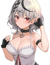 Rule 34 | 1girl, arm strap, banned artist, bare arms, bare shoulders, belt, black choker, black gloves, blouse, breasts, camisole, choker, cleavage, collarbone, ear piercing, fingerless gloves, frilled shirt, frills, frown, gloves, grey hair, hair ornament, halterneck, halterneck, hands up, heart, highres, hololive, holox, icomochi, large breasts, looking at viewer, multicolored hair, nail polish, piercing, red eyes, red nails, sakamata chloe, shirt, short hair, simple background, sleeveless, sleeveless shirt, solo, spaghetti strap, streaked hair, upper body, virtual youtuber, white background, white shirt, x hair ornament