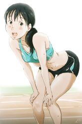 Rule 34 | 1girl, :d, aqua bra, artist name, asics, bare shoulders, bent over, black hair, black shorts, blush, bra, brown eyes, collarbone, commentary, dripping, feet out of frame, hair over shoulder, hands on own knees, highres, leaning forward, lips, looking at viewer, midriff, mole, mole on arm, mole on leg, mole on stomach, mole under eye, monodevil, navel, open mouth, original, ponytail, racetrack, short shorts, shorts, signature, smile, solo, sports bra, squatting, sweat, track and field, underwear, white background