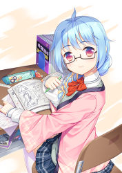 Rule 34 | 1girl, 33paradox, 3:, ahoge, blue hair, blue skirt, book, book stack, book stand, bow, bowtie, braid, candy, chair, coat, correction fluid, desk, food, glasses, hair bow, hair ribbon, light brown background, looking at viewer, manga (object), mechanical pencil, original, paper, pencil, pencil case, pink coat, plaid, plaid skirt, purple eyes, red bow, red bowtie, ribbon, ruler, school desk, school uniform, semi-rimless eyewear, single braid, skirt, solo, under-rim eyewear, yellow bow, yellow ribbon