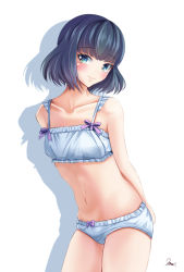 Rule 34 | 1girl, bare arms, bare shoulders, black hair, blue bra, blue panties, blunt bangs, bra, breasts, cinderella series, closed mouth, collarbone, commentary request, drop shadow, green eyes, hachigatsu no cinderella nine, looking at viewer, navel, panties, short hair, signature, small breasts, smile, solo, suzuki waka, underwear, underwear only, white background, white bra, white panties, yumibakama meme