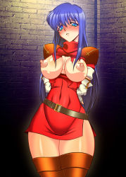 Rule 34 | 1girl, arm behind back, artist request, bdsm, blue eyes, blue hair, blush, bondage, boots, bound, breasts, breasts out, embarrassed, fire emblem, fire emblem: mystery of the emblem, indoors, large breasts, long hair, matching hair/eyes, nintendo, nipples, sheeda (fire emblem), side slit, solo, source request, thick thighs, thigh boots, thighhighs, thighs, torn clothes, zettai ryouiki