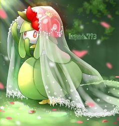Rule 34 | 1girl, adjusting clothes, artist name, blurry, blurry background, clothed pokemon, colored skin, covering own mouth, creatures (company), crown, day, female focus, floral print, flower, full body, game freak, gen 5 pokemon, grass, green hair, green theme, hair flower, hair ornament, hands up, lesuna, light particles, light rays, lilligant, long hair, mini crown, monster girl, nintendo, outdoors, petals, plant girl, poke ball symbol, poke ball theme, pokemon, pokemon (creature), red eyes, red flower, see-through, sidelocks, signature, solo, standing, sunlight, tilted headwear, veil, white flower, white skin, yellow headwear