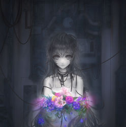 Rule 34 | 1girl, bare shoulders, bouquet, collarbone, colored skin, dress, expressionless, flower, grey skin, hair between eyes, highres, holding, holding flower, indoors, jewelry, long hair, looking at viewer, machinery, messy hair, mins (minevi), neck ring, original, pale skin, ribbon, sad, sleeveless, sleeveless dress, solo, spot color, string, upper body