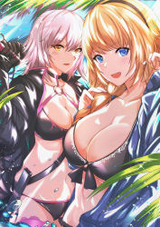 Rule 34 | 2girls, :d, ahoge, antiqq, arm up, bikini, black bikini, black gloves, black hairband, black jacket, blonde hair, blue eyes, blue jacket, blush, braid, breasts, cleavage, collarbone, commentary request, day, fate/grand order, fate (series), fingernails, gloves, hair between eyes, hairband, highres, holding, holding sword, holding weapon, jacket, jeanne d&#039;arc alter (swimsuit berserker) (fate), jeanne d&#039;arc (fate), jeanne d&#039;arc (ruler) (fate), jeanne d&#039;arc (swimsuit archer) (fate), jeanne d&#039;arc (swimsuit archer) (first ascension) (fate), jeanne d&#039;arc alter (fate), jeanne d&#039;arc alter (swimsuit berserker) (fate), katana, large breasts, long hair, multiple girls, navel, o-ring, o-ring bikini, o-ring bottom, o-ring top, open clothes, open jacket, open mouth, orange eyes, outdoors, palm tree, parted lips, pink legwear, shrug (clothing), silver hair, single braid, smile, sweat, swimsuit, sword, thighhighs, tree, v-shaped eyebrows, water, weapon