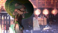 Rule 34 | + +, 1girl, bad id, bad pixiv id, black kimono, blurry, blurry background, closed mouth, copyright name, day, earrings, expressionless, food, food on head, green umbrella, hair ribbon, highres, holding, holding umbrella, inkling, japanese clothes, jewelry, kashu (hizake), kimono, lights, long hair, long sleeves, looking away, looking back, marie (splatoon), mole, mole under eye, monster girl, nintendo, obi, object on head, oil-paper umbrella, outdoors, pointy ears, red ribbon, ribbon, sash, short eyebrows, silver hair, solo, splatoon (series), splatoon 2, standing, sushi, tentacle hair, thick eyebrows, translation request, umbrella, wide sleeves, yellow eyes