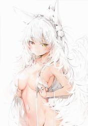 Rule 34 | 1girl, absurdres, animal ear fluff, animal ears, blush, breasts, brown eyes, closed mouth, collarbone, fox ears, fox girl, heterochromia, highres, huge filesize, large breasts, long hair, mole, mole under eye, navel, original, silver (chenwen), simple background, smile, solo, white background, white hair, yellow eyes