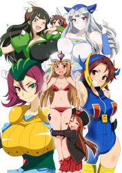 Rule 34 | 10s, 1boy, 6+girls, aoi manabu, bikini, breast press, breasts, bulge, censored, crossdressing, erection, erection under clothes, heart, huge breasts, jeeg-san, large breasts, long hair, looking at viewer, minerva x, multiple girls, navel, one eye closed, proto getter, robot girls z, short hair, simple background, smile, swimsuit, trap, white background, z-chan, zieg-san