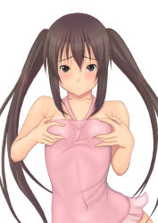 Rule 34 | 1girl, bare shoulders, black hair, blush, breast hold, breasts, brown eyes, k-on!, long hair, looking at viewer, muffin (sirumeria), nakano azusa, no bra, open mouth, skirt, solo, twintails