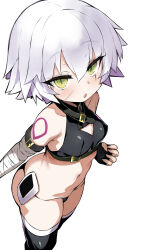 Rule 34 | 1girl, absurdres, bandaged arm, bandages, bare shoulders, black gloves, black panties, black thighhighs, black vest, breasts, cropped vest, facial scar, fate/apocrypha, fate/grand order, fate (series), fingerless gloves, gloves, green eyes, hair between eyes, highres, jack the ripper (fate/apocrypha), looking at viewer, navel, open mouth, panties, scar, scar across eye, scar on cheek, scar on face, shimejinameko, short hair, shoulder tattoo, small breasts, solo, tattoo, thighhighs, thighs, underwear, vest, white hair