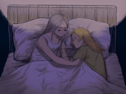 Rule 34 | 1boy, 1girl, aged down, bare arms, bare shoulders, bed, blonde hair, covering with blanket, dorohedoro, dress, closed eyes, green shirt, grey hair, highres, ki (mxxxx), long hair, lying, noi (dorohedoro), on back, on bed, on side, outstretched arm, pillow, red eyes, shared blanket, shin (dorohedoro), shirt, short sleeves, sitting, sleeping, sleepwear, sleeveless, sleeveless dress, smile, stitched arm, stitches, straight hair, sundress, t-shirt, covering with blanket, under covers, white dress