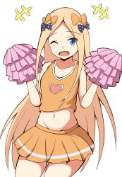 Rule 34 | +++, 1girl, ;d, abigail williams (fate), absurdres, bare arms, bare shoulders, black bow, blonde hair, blue eyes, blush, bow, breasts, cheerleader, collarbone, commentary request, crop top, fate/grand order, fate (series), forehead, hair bow, highres, holding, long hair, midriff, mitchi, navel, one eye closed, open mouth, orange bow, orange shirt, orange skirt, parted bangs, pleated skirt, polka dot, polka dot bow, pom pom (cheerleading), shirt, simple background, skirt, small breasts, smile, solo, tank top, very long hair, white background