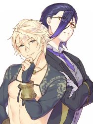 Rule 34 | 2boys, aladdin (sinoalice), bad id, bad pixiv id, bare pectorals, black hair, blonde hair, bridal gauntlets, butler, closed mouth, collared shirt, formal, fringe trim, glasses, gloves, hameln (sinoalice), highres, jewelry, male focus, multicolored hair, multiple boys, necklace, necktie, nipples, pectorals, purple hair, red eyes, ribbon, shirt, short hair, simple background, sinoalice, skky3, smile, smug, two-tone hair, white background, white gloves