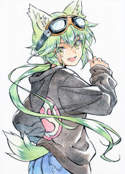 Rule 34 | 1girl, agahari, animal ear fluff, animal ears, calligraphy pen (medium), denim, dog ears, dog tail, fang, from behind, goggles, goggles on head, green eyes, green hair, hand up, hood, hoodie, jeans, long hair, looking at viewer, looking back, low ponytail, open mouth, original, pants, paw print, simple background, solo, tail, texture, traditional media, very long hair, white background