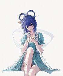 1girl absurdres blue_dress blue_eyes blue_hair dress hagoromo hair_ornament hair_rings hair_stick highres hs_(user_hvww8443) interlocked_fingers kaku_seiga leg_up looking_at_viewer medium_hair ofuda_on_leg puffy_short_sleeves puffy_sleeves shawl short_sleeves sidelocks sitting smile swept_bangs thighhighs touhou vest white_background white_thighhighs white_vest