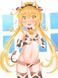 Rule 34 | 1girl, absurdres, animal print, bell, bikini, blonde hair, breasts, collar, cow horns, cow print, cow print bikini, cow tail, elbow gloves, gloves, highres, horns, kantai collection, long hair, neck bell, print bikini, satsuki (kancolle), small breasts, suzushiro (gripen39), swimsuit, tail, thighhighs, twintails, yellow eyes