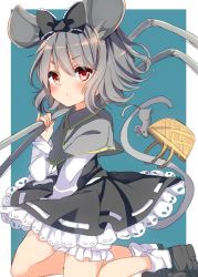 Rule 34 | 1girl, animal ears, basket, capelet, dress, frills, grey hair, grey skirt, hair ribbon, high-waist skirt, highres, jewelry, karasusou nano, long sleeves, looking at viewer, mouse (animal), mouse ears, mouse tail, nazrin, pendant, red eyes, ribbon, short hair, simple background, skirt, solo, tail, touhou