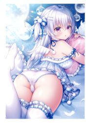 Rule 34 | 1girl, absurdres, angel, angel wings, arm garter, ass, babydoll, bare shoulders, bauble, blue theme, bow, breasts, choker, christmas ornaments, frilled thighhighs, frills, from behind, hair bow, hair ornament, hairclip, highres, hugging object, leg up, lingerie, long hair, looking at viewer, looking back, lying, medium breasts, melonbooks, mitsuba choco, on stomach, one side up, original, panties, parted lips, pillow, pillow hug, purple eyes, scan, solo, thighhighs, thighs, underwear, underwear only, white hair, white panties, white thighhighs, wings