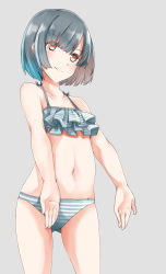 Rule 34 | 1girl, bare arms, bare shoulders, bikini, breasts, closed mouth, collarbone, comah, gluteal fold, grey background, grey bikini, grey hair, groin, highres, layered bikini, navel, original, red eyes, short hair, simple background, small breasts, smile, solo, striped bikini, striped clothes, swimsuit