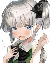 Rule 34 | alternate hairstyle, blue eyes, blush, bow, bowtie, embarrassed, green vest, hair ribbon, hand on own chest, highres, konpaku youmu, looking at viewer, open mouth, puffy short sleeves, puffy sleeves, ribbon, satoupote, shirt, short sleeves, silver hair, sweatdrop, sword, tears, touhou, twintails, upper body, vest, weapon, white background, white shirt