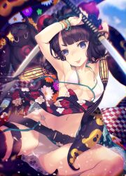 Rule 34 | 1girl, absurdres, aikura chihiro, bare shoulders, bead bracelet, beads, belt, bikini, blue eyes, bracelet, breasts, cleavage, collarbone, fate/grand order, fate (series), floral print, goggles, goggles on head, hair bun, hair ornament, highres, jewelry, katana, katsushika hokusai (fate), katsushika hokusai (swimsuit saber) (fate), long hair, looking at viewer, medium breasts, navel, obi, octopus, purple hair, sash, sidelocks, smile, swimsuit, sword, thigh strap, thighs, tokitarou (fate), tongue, tongue out, weapon, white bikini