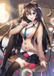 Rule 34 | 1girl, ahoge, animal ears, bad id, bad pixiv id, bandaid, black hair, blurry, breasts, bubble, cat ears, cat tail, cleavage, depth of field, flower, green eyes, highres, large breasts, long hair, necktie, open mouth, original, petals, plaid, plaid skirt, school uniform, skirt, snow is, snow is , solo, tail