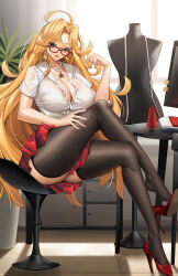 Rule 34 | 1girl, ahoge, blonde hair, blue eyes, breasts, cleavage, earrings, glasses, high chair, high heels, highres, jewelry, kamen america (comic), lamp, large breasts, legs, long hair, looking at viewer, mannequin, necklace, open mouth, pearl necklace, plant, pleated skirt, red-framed eyewear, short sleeves, skirt, solo, star (symbol), table, thighhighs, tony guisado, very long hair, window