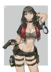 Rule 34 | 1girl, absurdres, bandeau, black hair, blue eyes, blunt bangs, breasts, cleavage, commission, cowboy shot, cuffs, gun, handcuffs, highres, large breasts, long hair, second-party source, short shorts, shorts, skindentation, strapless, sudden attack, thigh strap, tube top, weapon, youzu (youzuyozu)