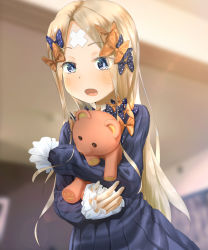 Rule 34 | 1girl, abigail williams (fate), bad id, bad pixiv id, bandaid, bandaid on face, bandaid on forehead, black bow, black dress, blonde hair, blue eyes, blush, bow, breasts, crossed bandaids, dress, fate/grand order, fate (series), forehead, hair bow, highres, long hair, long sleeves, looking at viewer, multiple hair bows, open mouth, orange bow, parted bangs, polka dot, polka dot bow, ribbed dress, sakazakinchan, small breasts, solo, stuffed animal, stuffed toy, teddy bear
