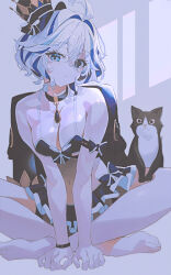 Rule 34 | 1girl, absurdres, ahoge, alternate breast size, alternate costume, barefoot, bikini, black brooch, black cat, black choker, blue bow, blue eyes, blue hair, blue skirt, bow, breasts, breasts squeezed together, cat, choker, collarbone, dot nose, drop-shaped pupils, expressionless, furina (genshin impact), genshin impact, gloves, hat, highres, indian style, indol, large breasts, looking at viewer, medium hair, miniskirt, mismatched pupils, muted color, navel, pleated skirt, scrunchie, sitting, skirt, swimsuit, symbol-shaped pupils, top hat, white background, white gloves, white hair, window shadow, wrist scrunchie