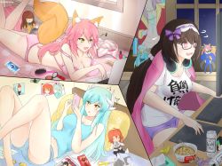 Rule 34 | 10s, 3girls, @ @, ahoge, animal ears, aqua hair, black hair, bow, bowl, bra, breasts, casual, cellphone, character doll, chopsticks, cleavage, clothes writing, comb, commentary request, computer, cup ramen, dragon horns, fang, fate/extra, fate/grand order, fate (series), food, fox ears, fox tail, fujimaru ritsuka (female), hadoukirby, hair bow, hair brush, headphones, headphones around neck, highres, horns, kishinami hakuno (female), kiyohime (fate), laptop, large breasts, lingerie, lying, multiple girls, noodles, on back, on stomach, open mouth, orange hair, origami, osakabehime (fate), panties, paper crane, phone, photo (object), pink hair, pocky, scissors, side ponytail, siegfried (fate), sitting, smartphone, tail, tamamo (fate), tamamo no mae (fate/extra), twitter username, underwear, underwear only, yellow eyes