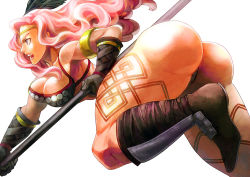 Rule 34 | 1girl, amazon (dragon&#039;s crown), armlet, ass, bare shoulders, boots, breasts, cleavage, dragon&#039;s crown, feathers, gloves, huge ass, large breasts, mizuki apple, pink hair, polearm, purple eyes, simple background, solo, tattoo, thick thighs, thighs, weapon, white background