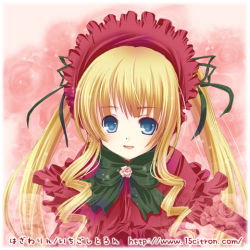 Rule 34 | 00s, 15citron, 1girl, blonde hair, blue eyes, bonnet, bow, capelet, dress, drill hair, lolita fashion, lowres, open mouth, red dress, ribbon, rozen maiden, shinku, smile, twintails