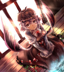 Rule 34 | 1girl, armlet, backlighting, bad id, bad pixiv id, blush, breasts, brooch, brown dress, brown eyes, brown hat, clenched hand, collarbone, collared shirt, dress, feathered wings, from above, gem, glowing, grey wings, hands in opposite sleeves, hat, jewelry, juliet sleeves, light rays, lips, long sleeves, looking at viewer, looking up, mizurapi, mystia lorelei, nose blush, outdoors, puffy sleeves, red gemstone, shirt, shoes, short hair, silver hair, sitting, snowflakes, soaking feet, solo, touhou, v arms, water, wing collar, wings, wooden floor