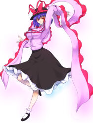 Rule 34 | 1girl, black bow, black skirt, bow, breasts, closed mouth, commentary, frilled shawl, frilled skirt, frills, full body, hat, hat bow, kakone, large breasts, leg up, long sleeves, looking at viewer, nagae iku, pink shawl, pink shirt, purple hair, red bow, red eyes, shawl, shirt, short hair, simple background, skirt, smile, solo, touhou, white background