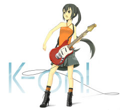 Rule 34 | 00s, 1girl, bad id, bad pixiv id, black hair, boots, brown eyes, female focus, full body, high heels, instrument, k-on!, long hair, mustang (guitar), nakano azusa, ryunosuke, shoes, solo, twintails, white background