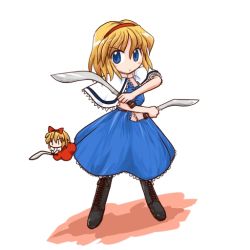 Rule 34 | 1girl, alice margatroid, black footwear, blonde hair, blue dress, boots, capelet, doll, dress, female focus, flying, full body, holding, holding sword, holding weapon, kneehighs, knife, kukri, legs apart, looking at viewer, red dress, rokugou daisuke, shanghai doll, short hair, size difference, socks, solo, standing, sword, touhou, weapon