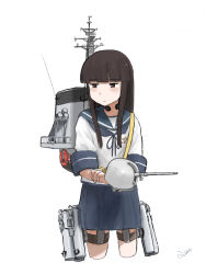 Rule 34 | 1girl, 4me 4ma, adapted turret, black hair, blue sailor collar, blue skirt, blunt bangs, brown eyes, cannon, character name, collared shirt, commentary request, cowboy shot, hatsuyuki (kancolle), headset, highres, hime cut, kantai collection, long hair, looking to the side, machinery, neckerchief, pleated skirt, sailor collar, school uniform, serafuku, shirt, simple background, skirt, smokestack, solo, standing, turret, white background