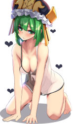 Rule 34 | 1girl, :s, bare legs, barefoot, bow, breasts, cleavage, covered erect nipples, female pubic hair, frilled hat, frills, green eyes, green hair, hands on floor, hat, heart, heart-shaped pupils, highres, kneeling, medium breasts, nightgown, pubic hair, see-through, shiki eiki, short hair, simple background, solo, symbol-shaped pupils, touhou, white background, white nightgown, yukito (dreamrider)