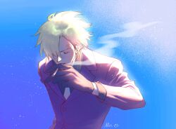 Rule 34 | 1boy, black shirt, blonde hair, blue sky, cigarette, closed eyes, commentary, curly eyebrows, formal, gloves, hair over one eye, highres, jacket, male focus, mrs.custard, necktie, one piece, red jacket, sanji (one piece), shirt, short hair, sky, smoke, solo, suit, upper body, white necktie