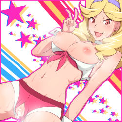 Rule 34 | 10s, 1girl, annosada, bad id, bad pixiv id, blonde hair, boobies uniform, breasts, bursting breasts, censored, choker, crotchless, cum, cum in pussy, cumdrip, earrings, female focus, front-tie top, hairband, heart, heart censor, honey (space dandy), jewelry, large breasts, lipstick, long hair, looking at viewer, makeup, navel, nipples, open mouth, pussy, short shorts, shorts, smile, solo, space dandy, star (symbol), sweat, v, wrist cuffs