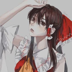 Rule 34 | 1girl, aihara-rina, ascot, bow, brown eyes, brown hair, commentary request, dated, detached sleeves, frilled bow, frilled hair tubes, frilled shirt collar, frills, grey background, hair between eyes, hair bow, hair tubes, hakurei reimu, hand on own head, highres, lips, long hair, looking at viewer, orange ascot, parted lips, red bow, red vest, signature, solo, touhou, upper body, vest
