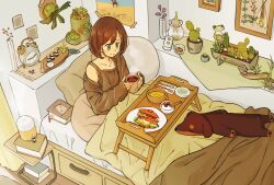 Rule 34 | 1girl, alarm clock, bed, bed tray table, black camisole, black cardigan, blanket, blush, book, bookmark, brown hair, bucket, camisole, cardigan, clock, closed mouth, collarbone, cup, dog, drawer, drink, full body, green eyes, holding, holding cup, hydroponics, incense machine, indoors, looking down, matsumine (twin-mix), mug, nail polish bottle, off shoulder, on bed, open cardigan, open clothes, original, pillow, plant, potted plant, short hair, sitting, smile, solo, steam, under covers, vase